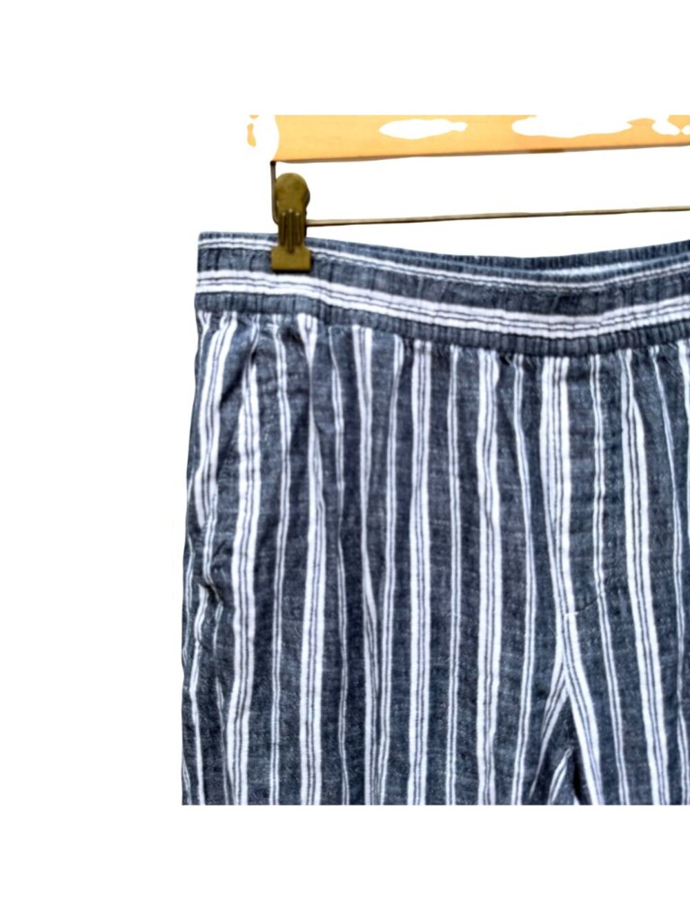 Old Navy Wide Leg Linen Pants L Womens Striped Blue White Summer Elastic Waist - Picture 2 of 5